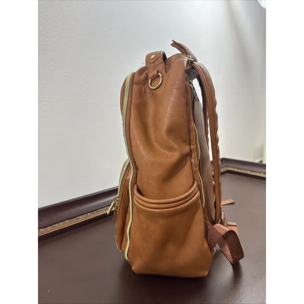 Itzy Ritzy Diaper Bag Cognac Backpack Vegan Leather Gold Hardware Tik Tok Bag